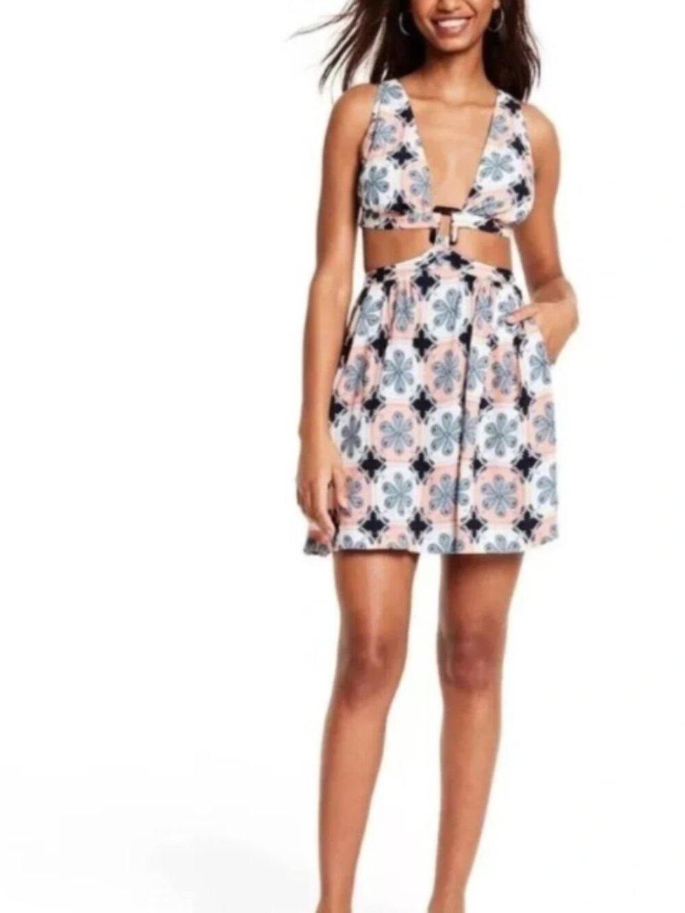 Agua Bendita X Target Peach and Navy Floral Cut Out Dress Medium
